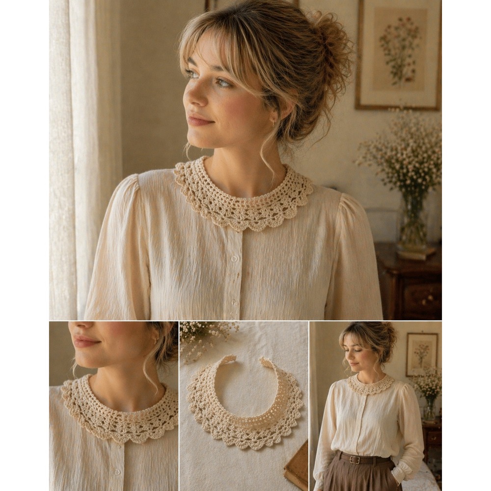 Vintage Crochet Lace Collar Ivory Detachable Collar Cottagecore Peter Pan Style